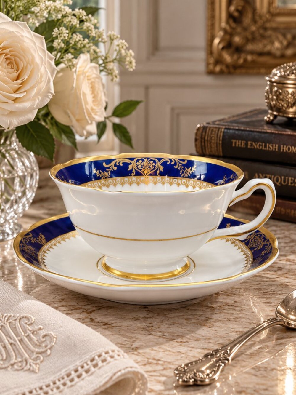 Vintage Royal Grafton Viceroy Cobalt Fine Bone China Footed Teacup & Saucer Set